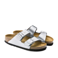 Load image into Gallery viewer, Birkenstock Arizona Orthotic Slide Silver Birko-flor Regular