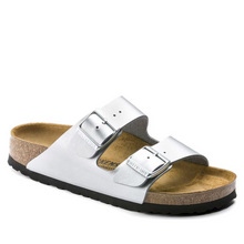 Load image into Gallery viewer, Birkenstock Arizona Orthotic Slide Silver Birko-flor Regular